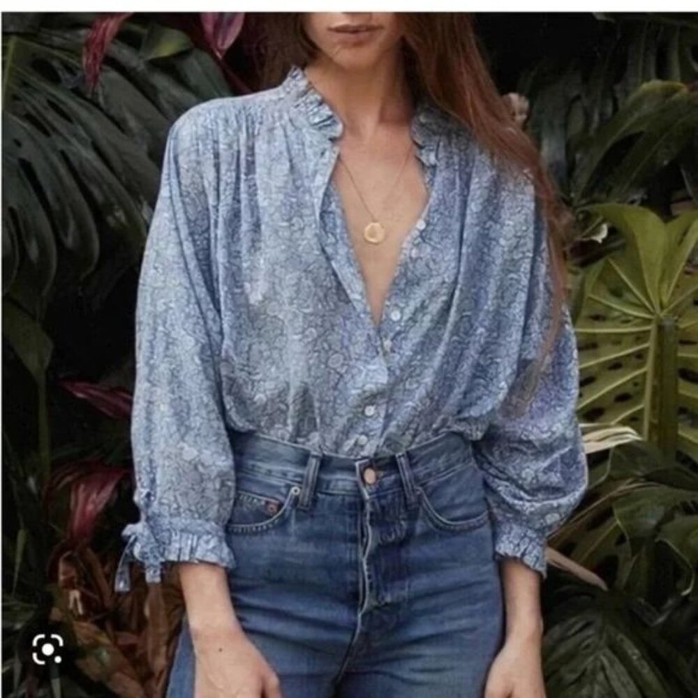 Doen Rose Blouse, Blue Floral, Size XS